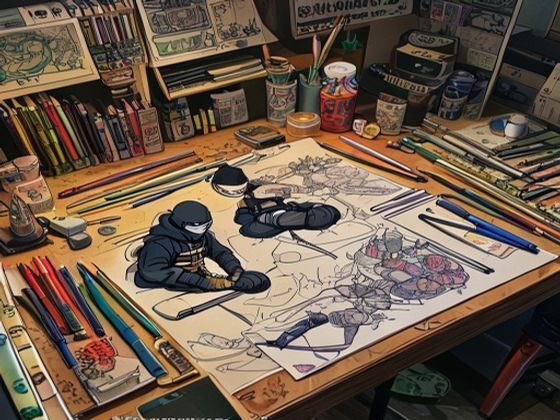 火影忍者同人漫画创作工作台，画师手绘忍者角色草稿，周围摆放原著漫画册与彩色马克笔，创作氛围浓厚