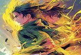 火影黄漫彩色同人漫画页面，角色动态构图生动，渐变光效营造动感氛围